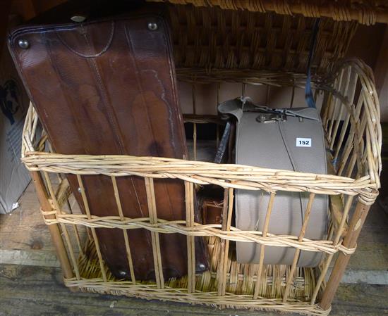 3 leather bags, camera & wicker basket